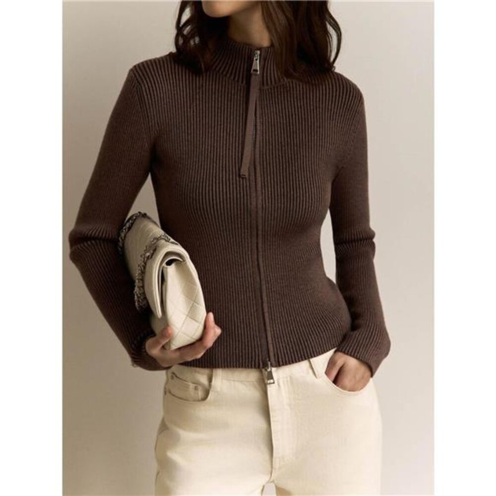 Ribbed Knit Zip-Up Cardigan